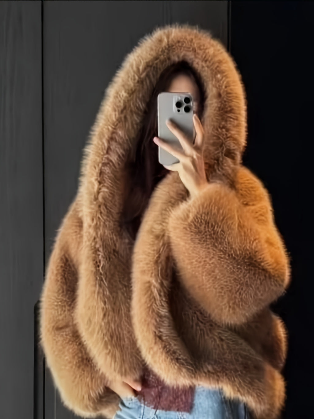 Women's Green Fur Faux Fox Fur Hooded Coat