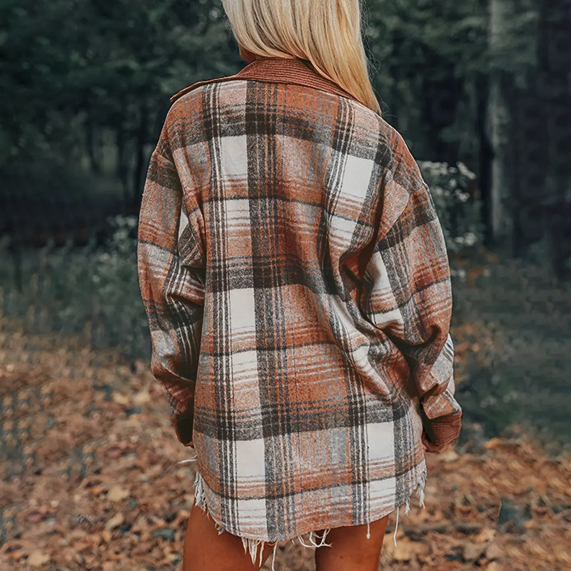 Women's Notch Lapel Check Print Long Sleeve Shirt - Button Front Pocket Detail Casual Blouse