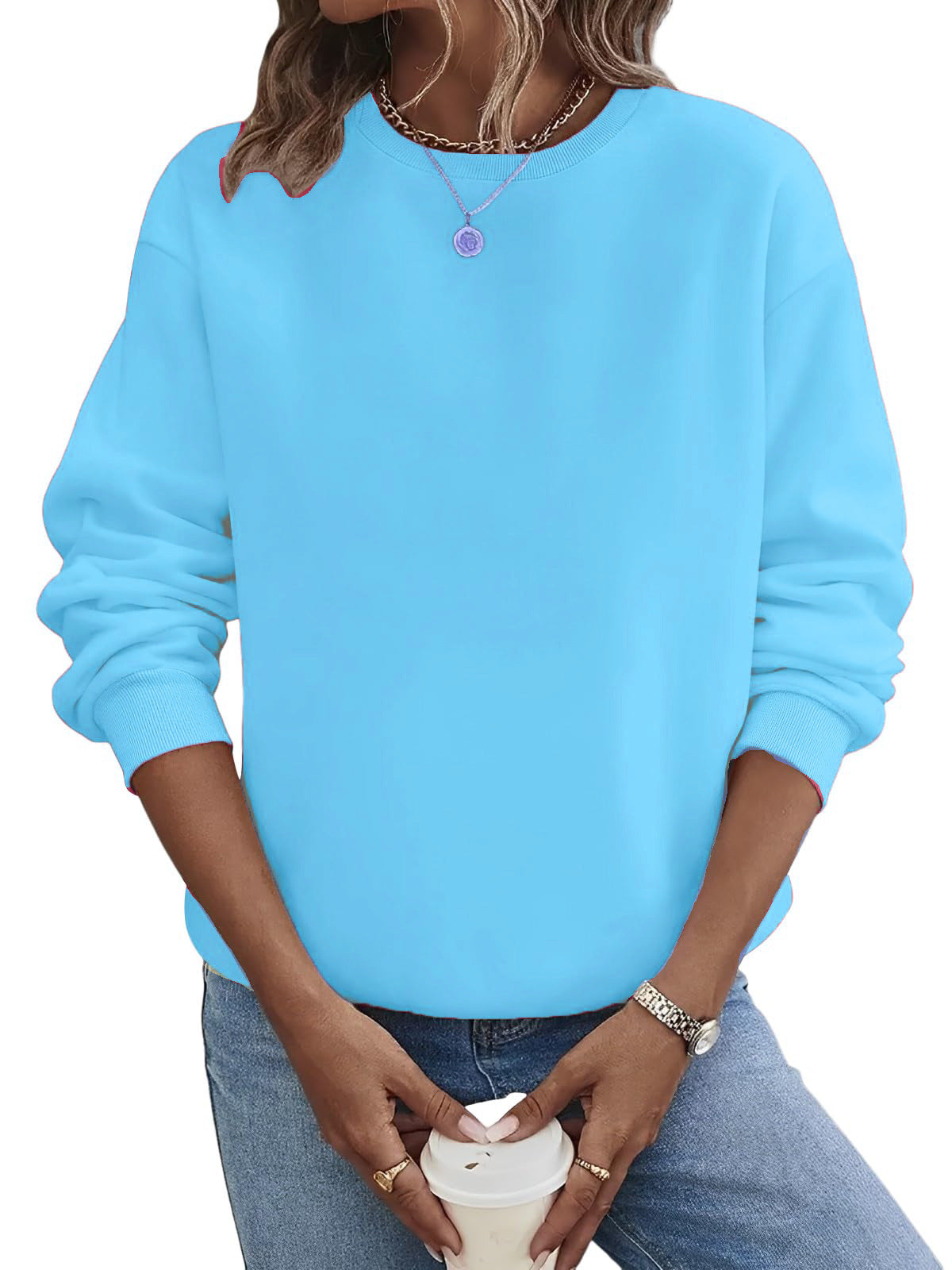 Solid Color Blank Round Neck Plus Size Fashion Sweater