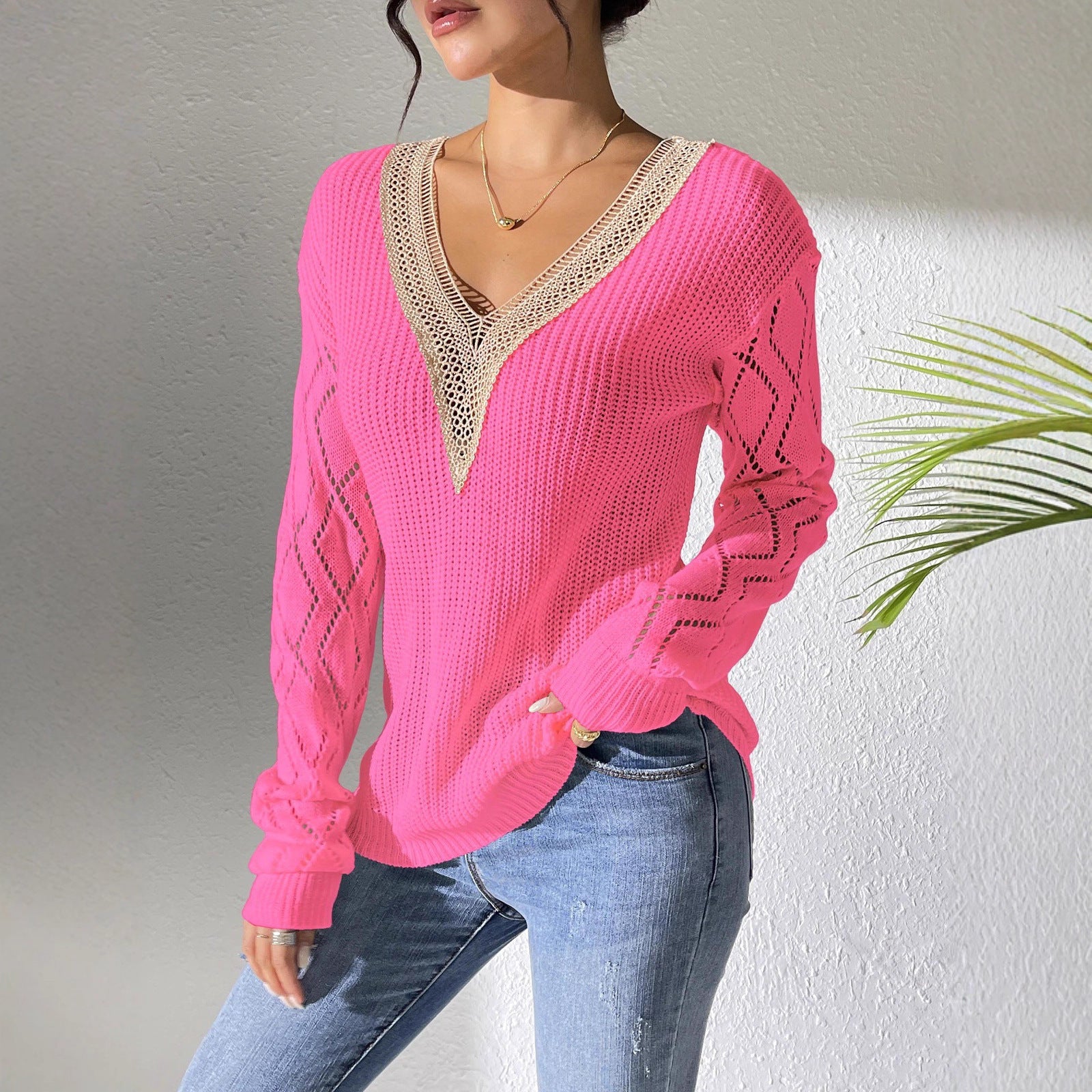 2025YJ Ladies Top V-neck Lace Stitching Hollow Out