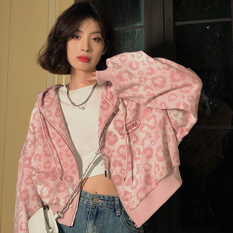 Pink leopard print cardigan jacket Hong Kong style retro hooded sweatshirt