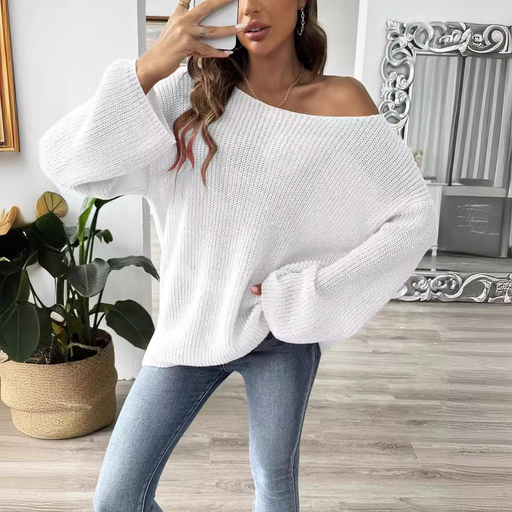 Women's Simple Loose Off Shoulder Off-the-shoulder Flared Sleeves Sweater