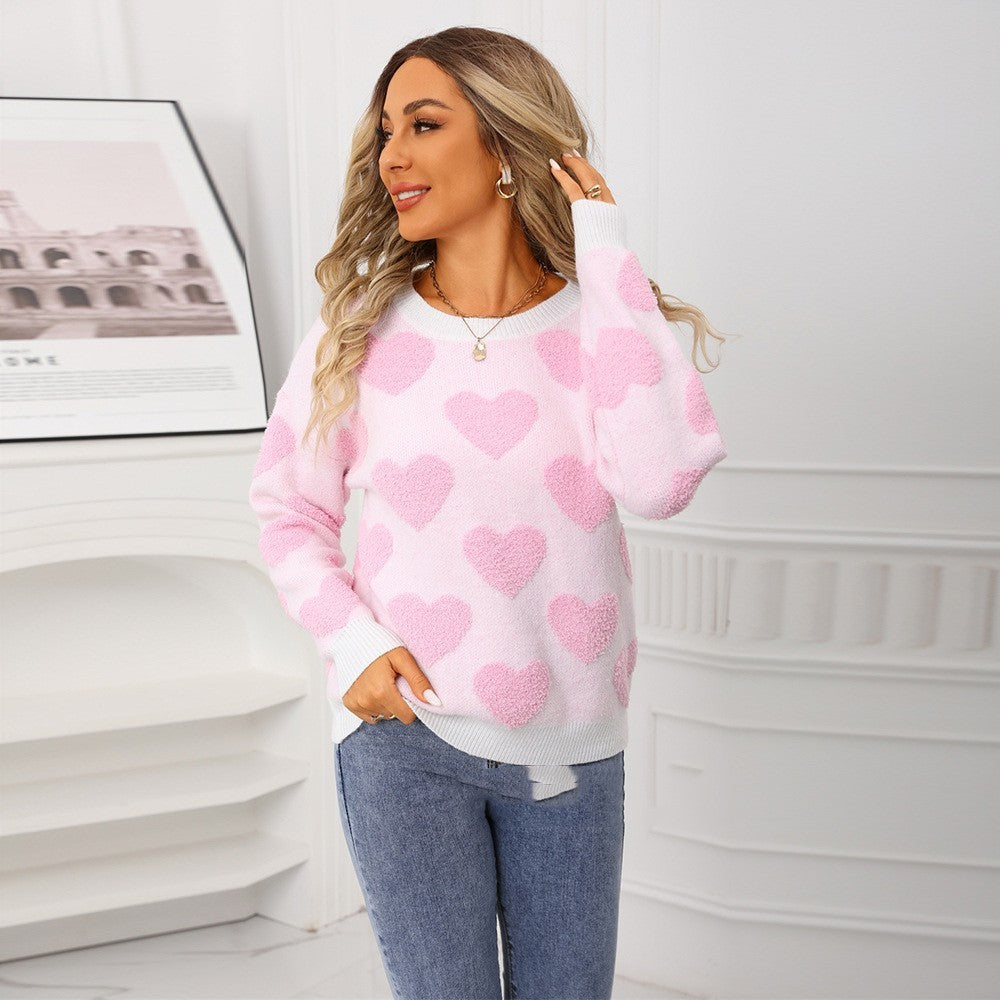 European And American Pullover Jacquard Peach Heart Sweater For Women