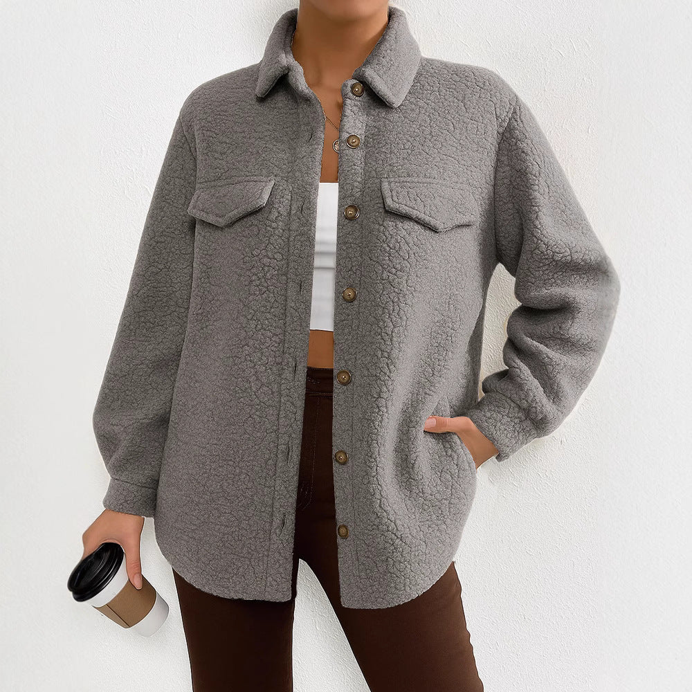 Women's Solid Color Long-sleeved Lapel Fleece Jacket