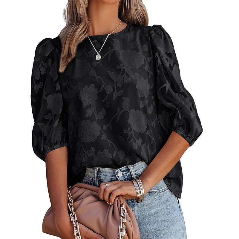 2025YJWomen's Puff Sleeve Chiffon Loose Top Flower Texture Shirt