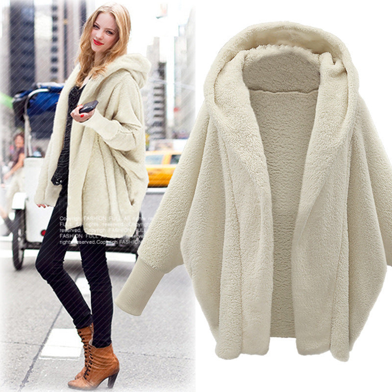 Women's Clothing Solid Color Long Sleeve Hooded Loose Plush Coat