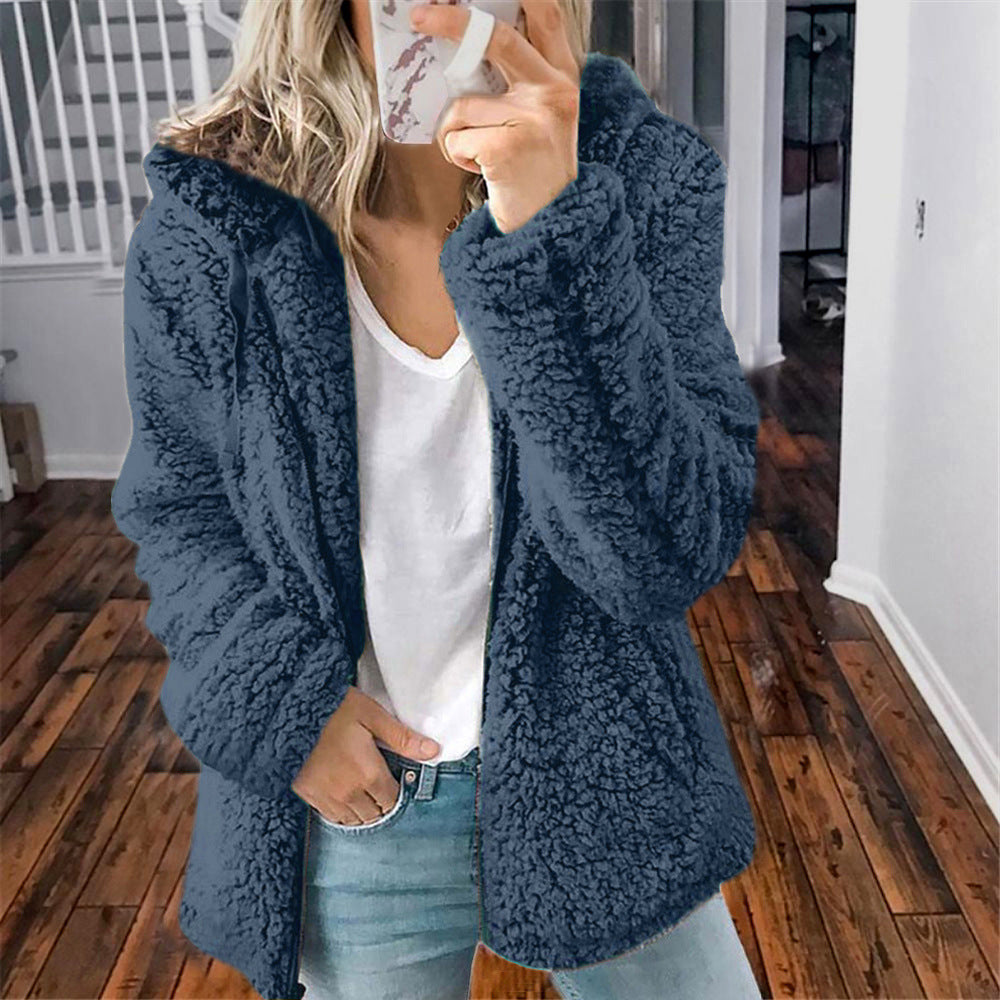 YJ Women's Casual Hooded Woolen Jacket