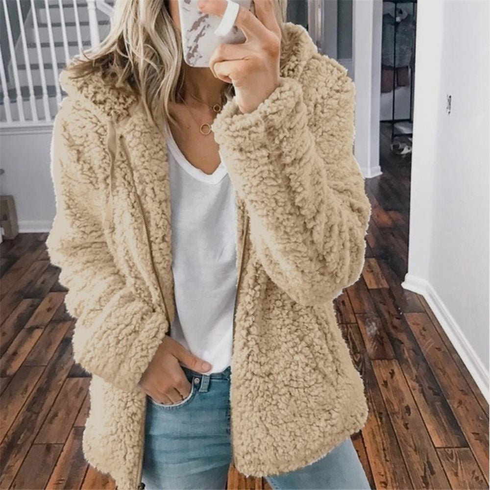 YJ Women's Casual Hooded Woolen Jacket