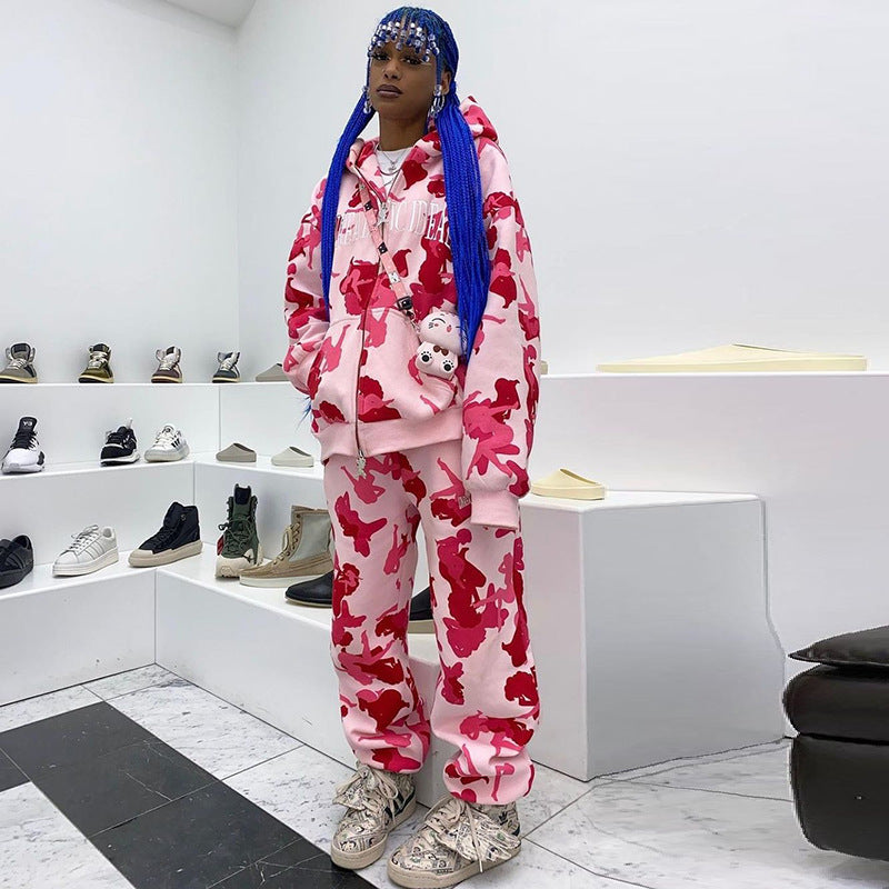 YJ Irregular Pattern Print Hooded Coat Set Women