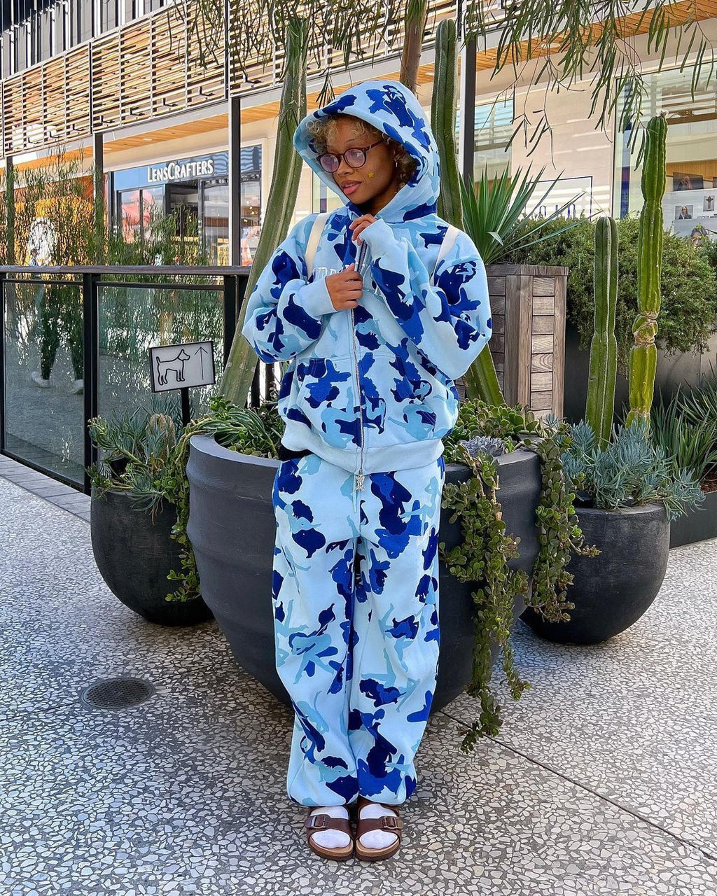 YJ Irregular Pattern Print Hooded Coat Set Women