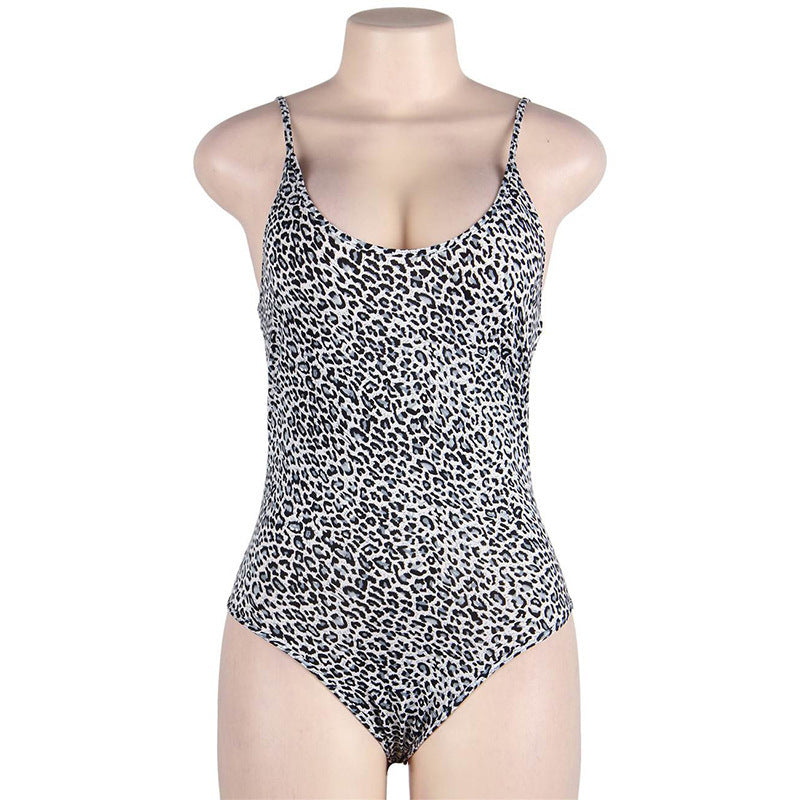 Leopard Snakeskin Print Suspender Bodysuit With Crotch Snaps