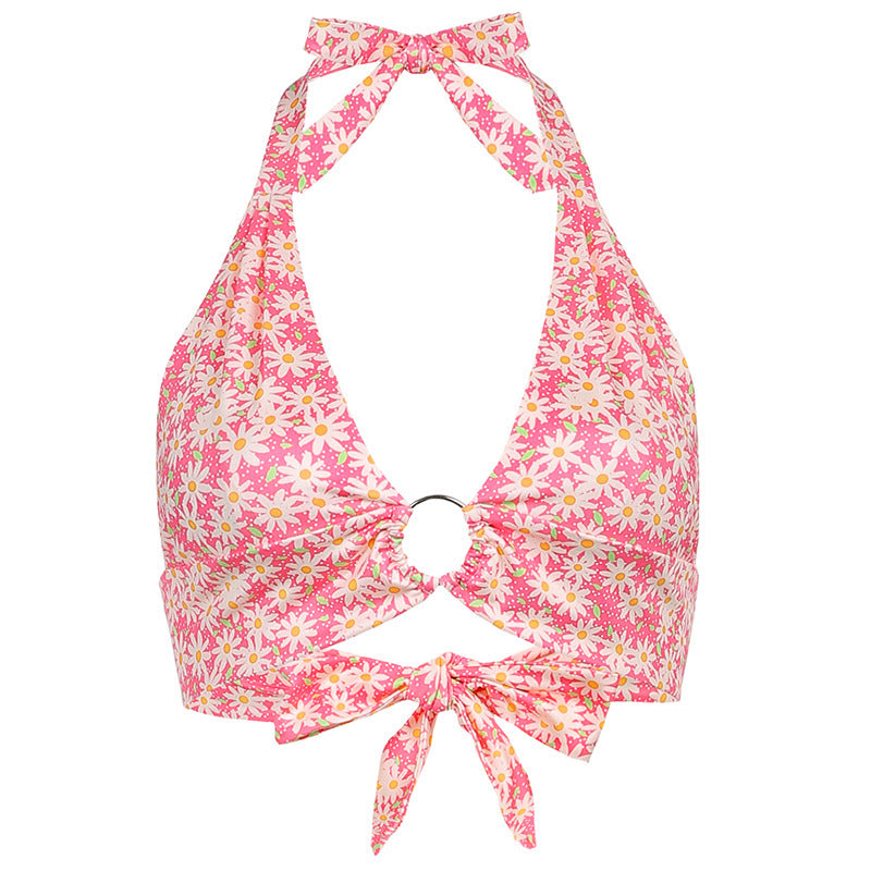 Sexy Deep V-Neck Floral Print Ring Lace Trendy Halter Halter Vest