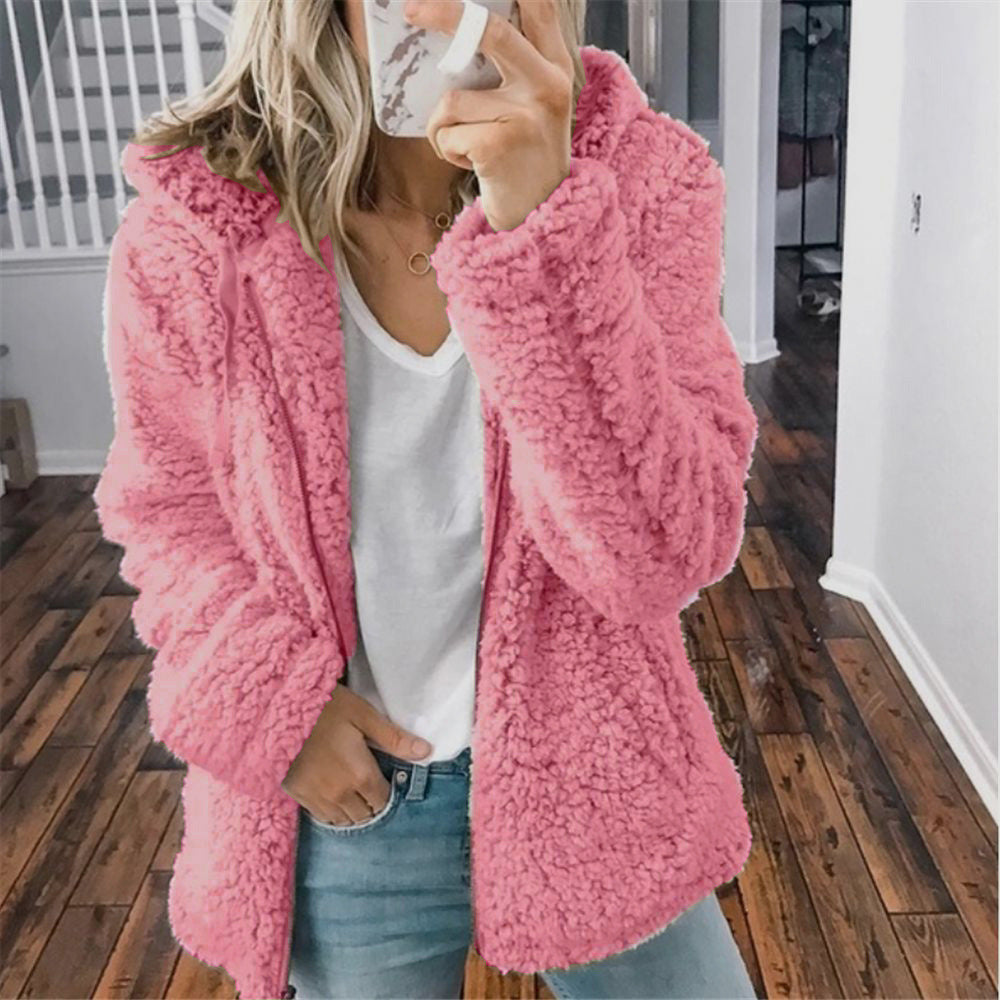 YJ Women's Casual Hooded Woolen Jacket