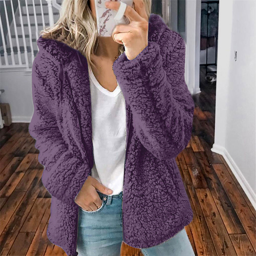 YJ Women's Casual Hooded Woolen Jacket