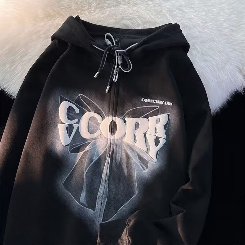 Sweet And Cool Style Bow Hooded Sweatshirt Women's Loose Cardigan Jacket Zipper Top Ins Trend