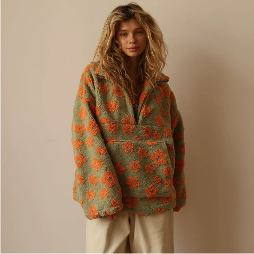 Winter Flowers Cashmere Sweatshirt With Big Pocket Casual Loose Zip-up Lapel Pullover Top Women's Clothing