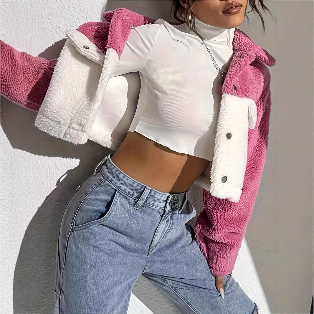 2025YJ Composite Plush Casual Patchwork Cardigan Turn-down Collar Coat