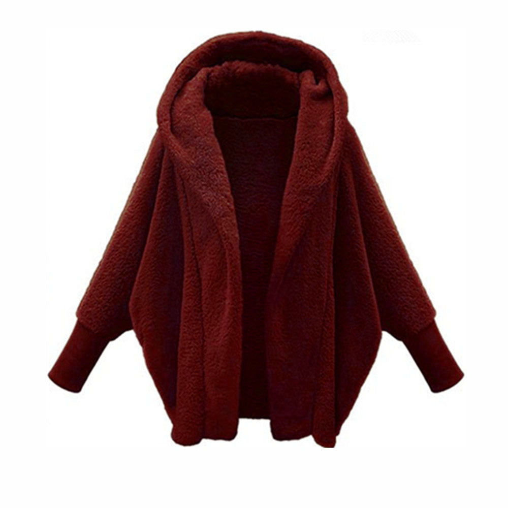 Women's Clothing Solid Color Long Sleeve Hooded Loose Plush Coat