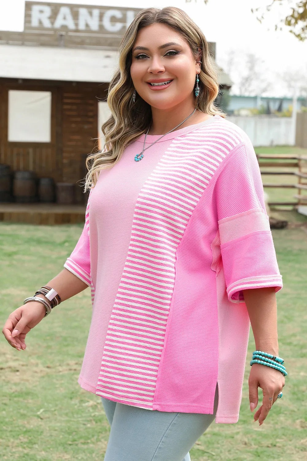 Stripe Patchwork Colorblock Plus Size T Shirt