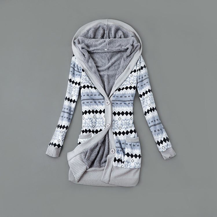 Autumn And Winter Jacket Printed Hooded Wool Liner Knit Midi Length