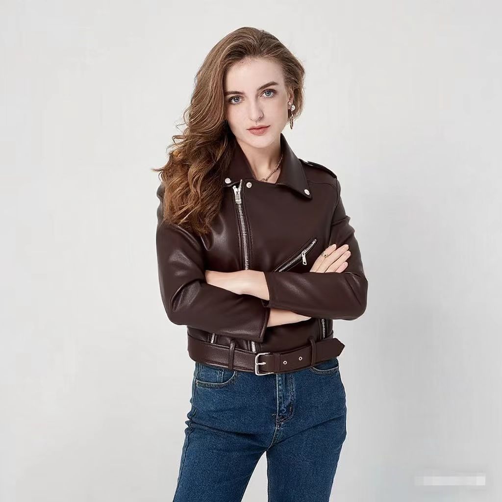 Women's Fashion Diagonal Zipper Slim Fit Washed Motorcycle Jacket