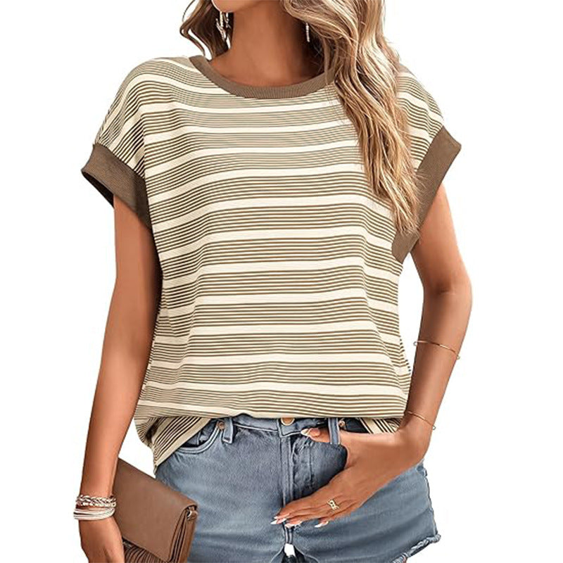 2025YJ Women's Clothing Stylish Loose Round Neck Stripe Knitted T-shirt
