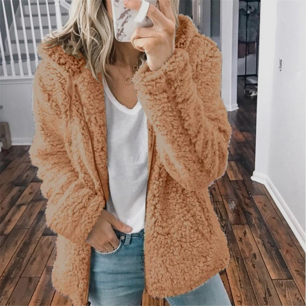 YJ Women's Casual Hooded Woolen Jacket