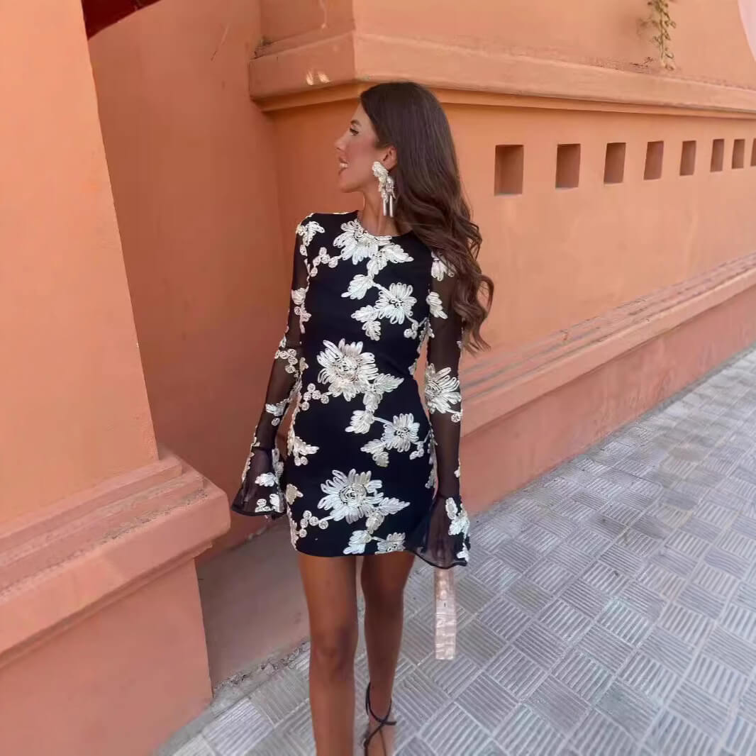 2025YJ Flowers Bell-sleeved Dress Fashion Sexy Slim Long-sleeved Mesh Dresses For Party Club Women Clothing