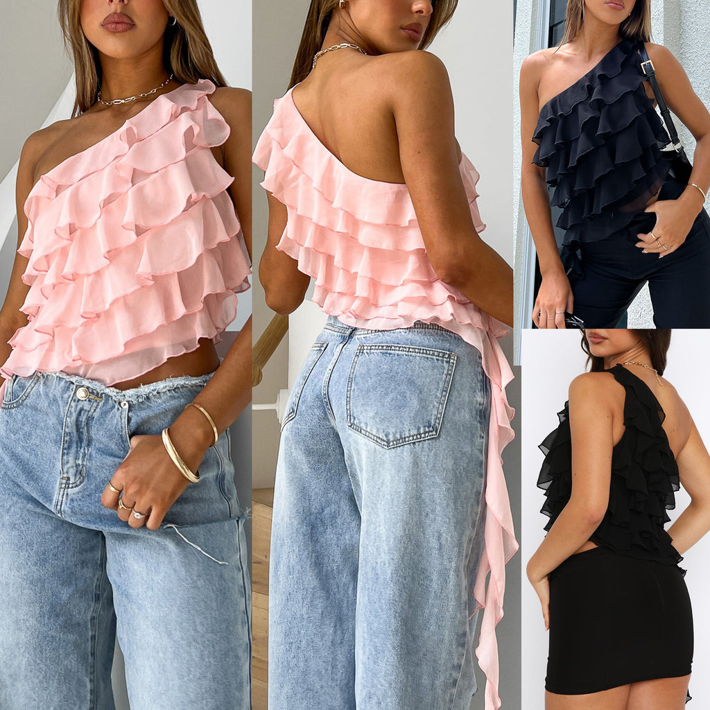 One-shoulder Ruffled Solid Color Short T-shirt