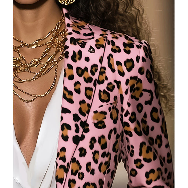 Women's slim-fit pink leopard print long-sleeved blazer