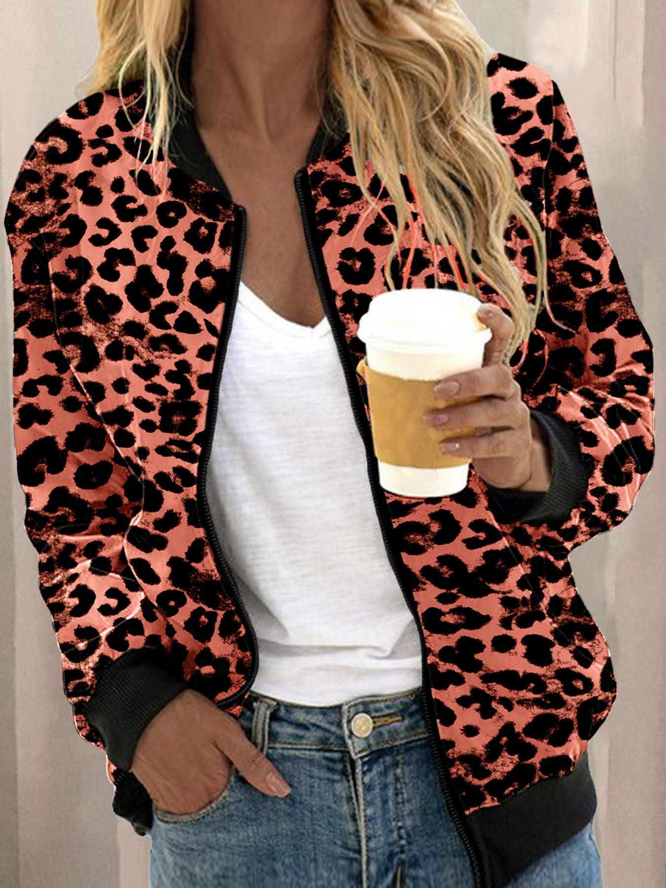 2025YJ Leopard Print Stand Collar Cardigan Zipper Coat