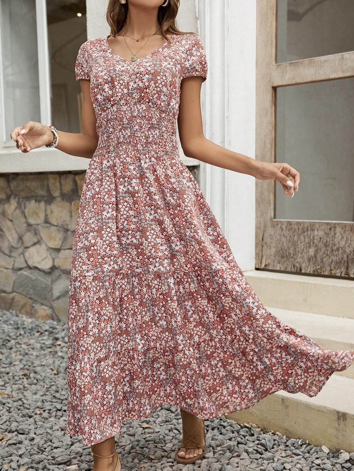 Blossom Chic V-Neck Floral Dress For Women