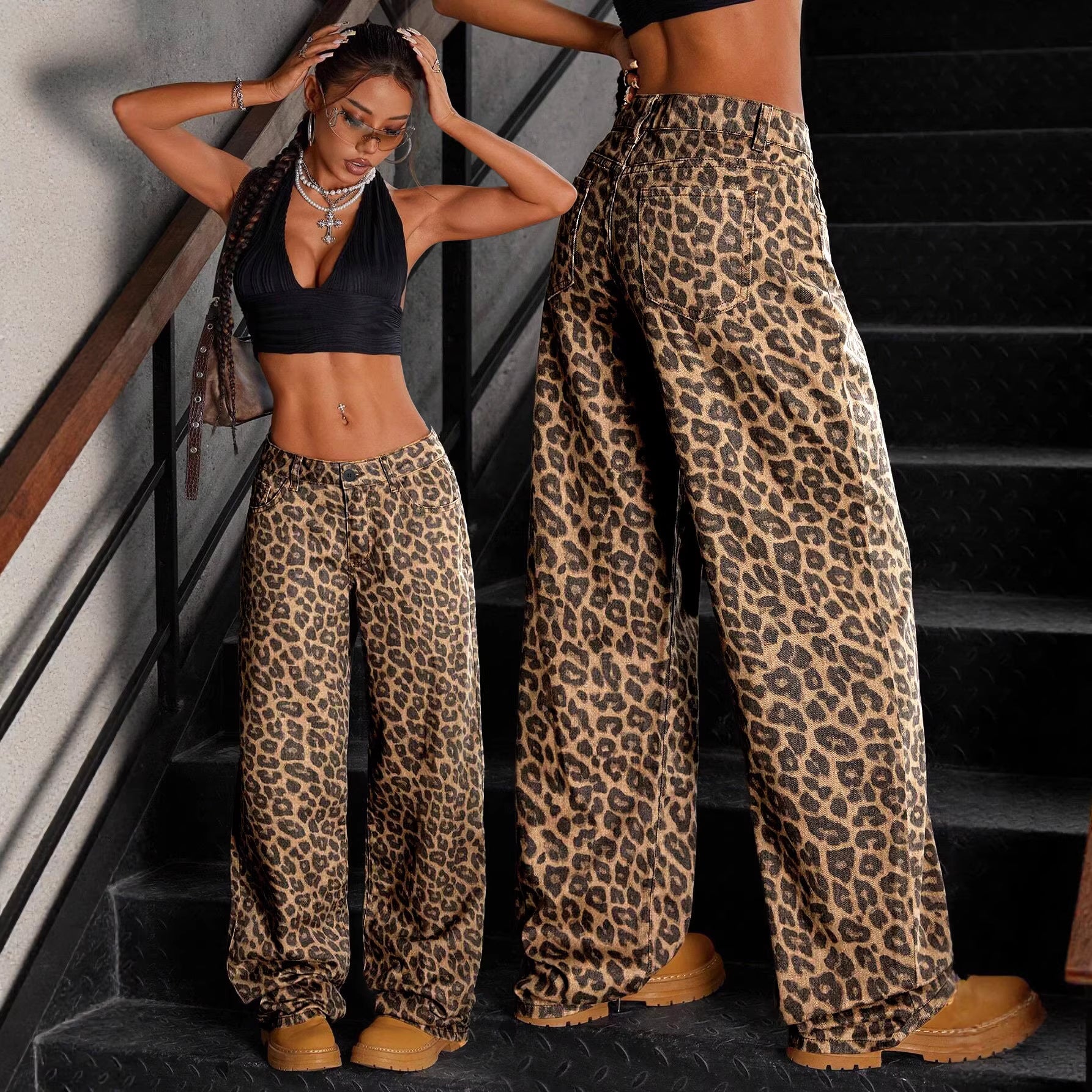 Womens High-waisted Loose-fitting Leopard-print Wide-leg Pants