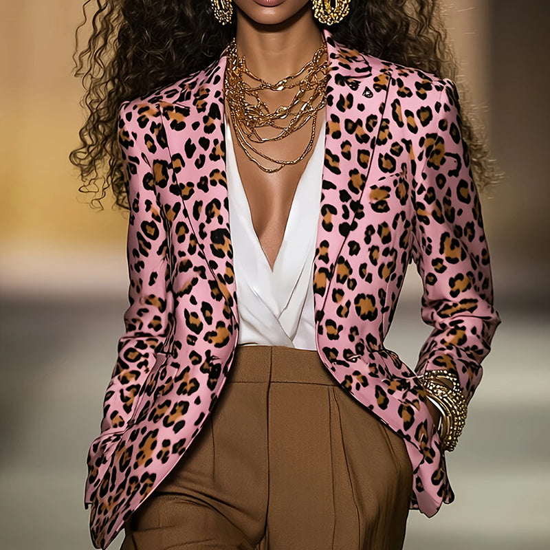Women's slim-fit pink leopard print long-sleeved blazer