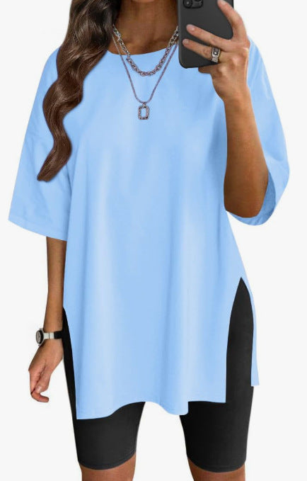 Women's Solid Color Split Short-sleeved T-shirt Round Neck Loose Top