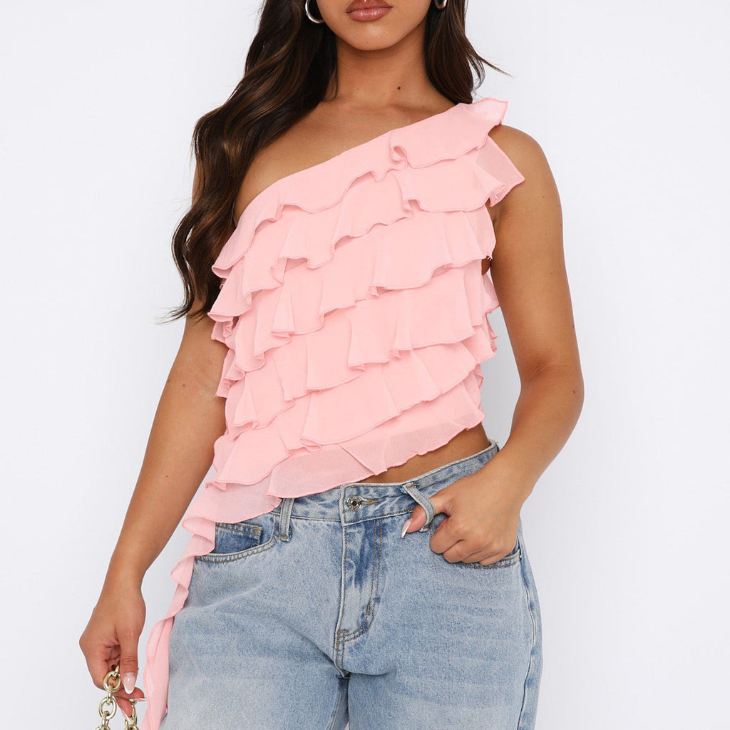 One-shoulder Ruffled Solid Color Short T-shirt