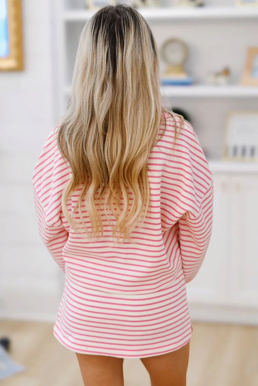 Stripe Collared V Neck Drop Shoulder Pullover And Skort 2pcs Outfit