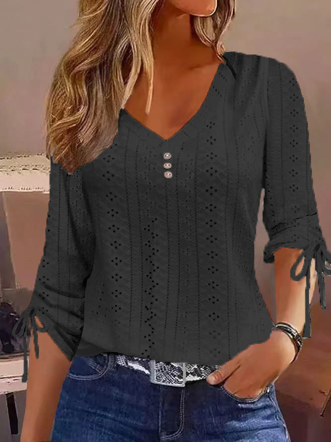 Solid Color Jacquard Button Long-sleeved T-shirt Top