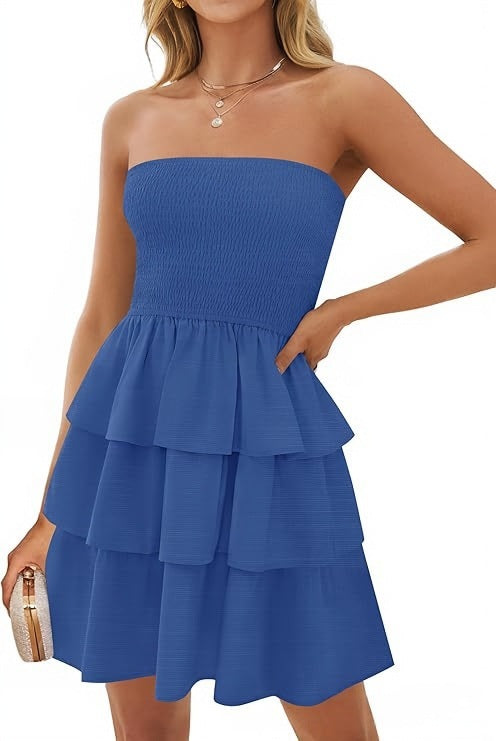 YJ Women's Summer Pleated Tube Top Dress Off-the-shoulder Dress