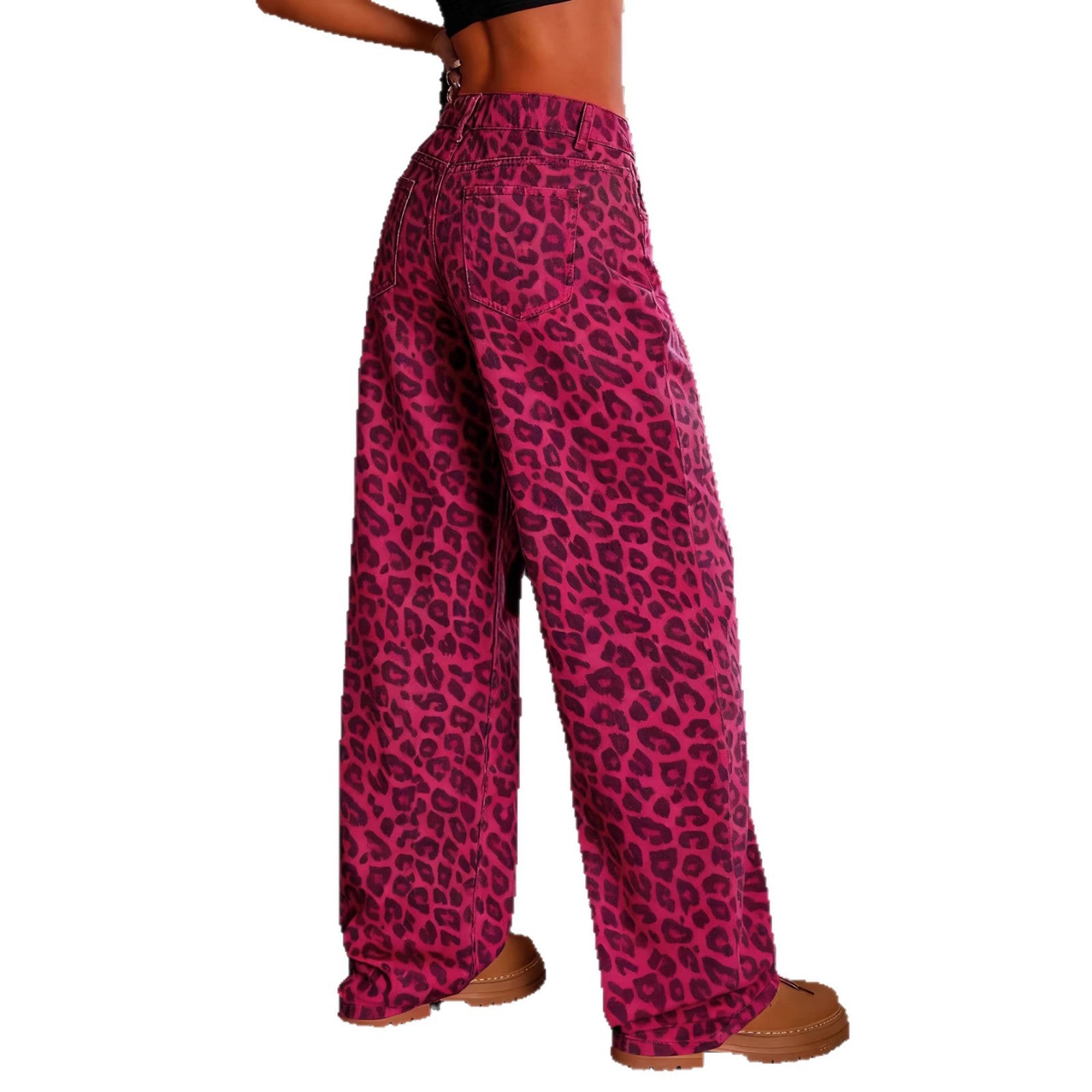 Womens High-waisted Loose-fitting Leopard-print Wide-leg Pants