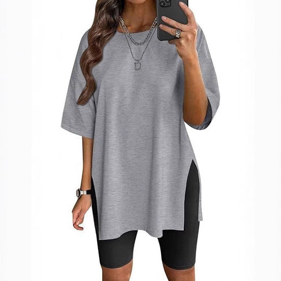 Women's Solid Color Split Short-sleeved T-shirt Round Neck Loose Top