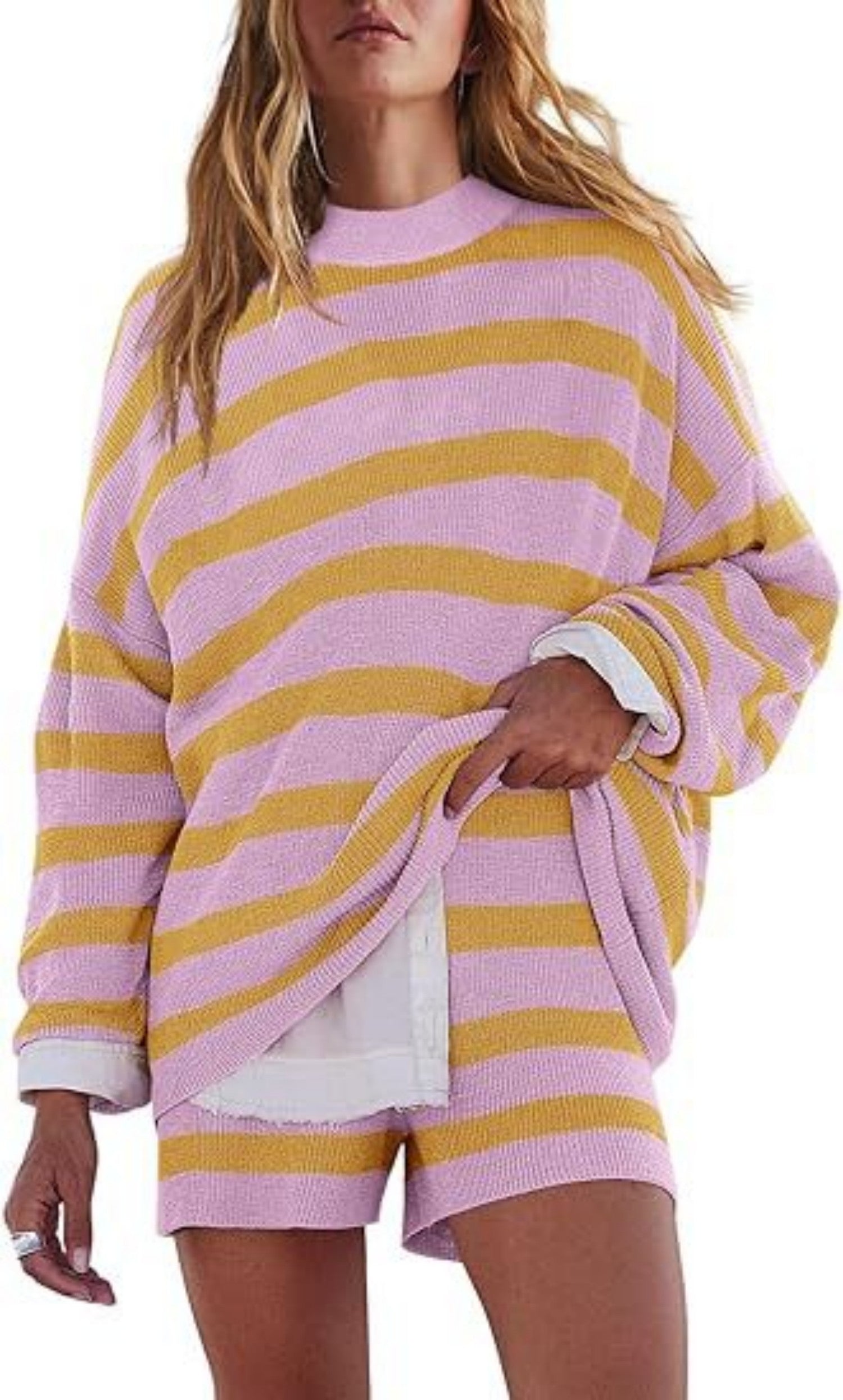YJ 2-piece Striped Long Sleeved Sweater Set