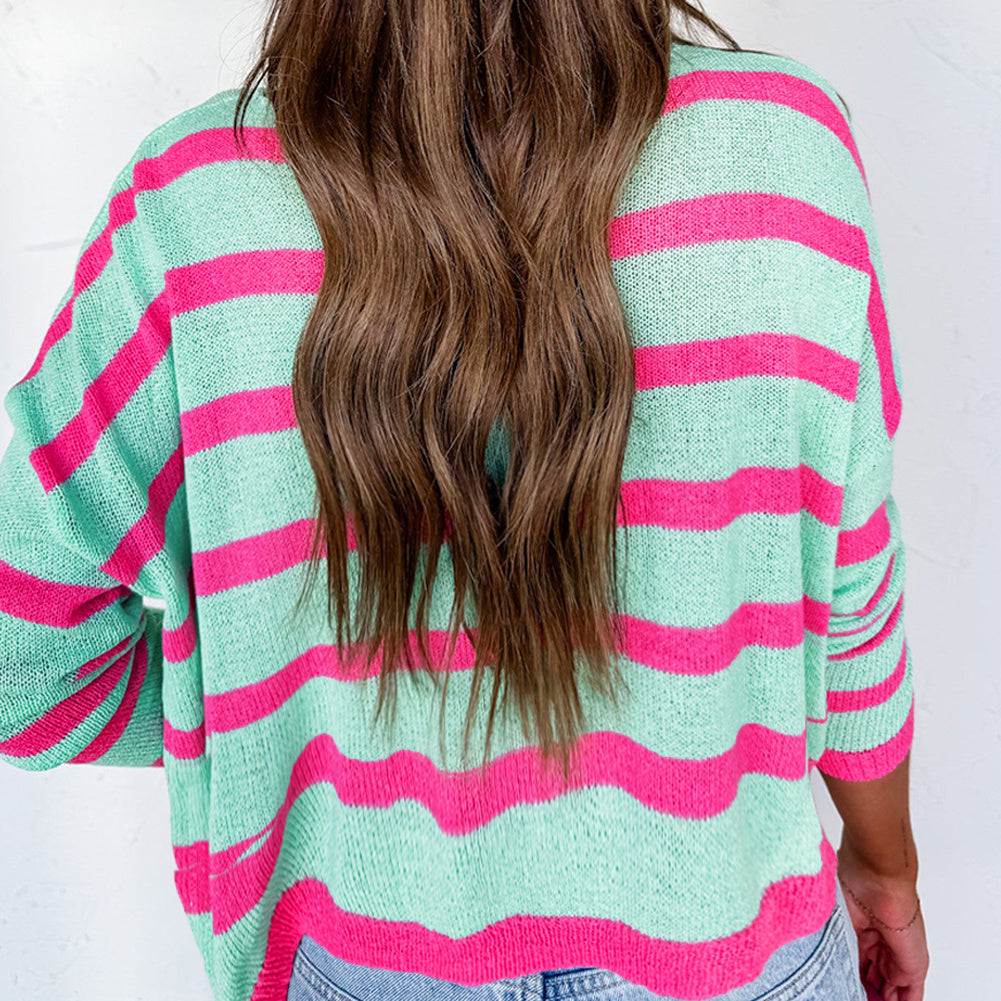 Women's Round Neck Striped Contrast Color Loose Versatile Pullover Top