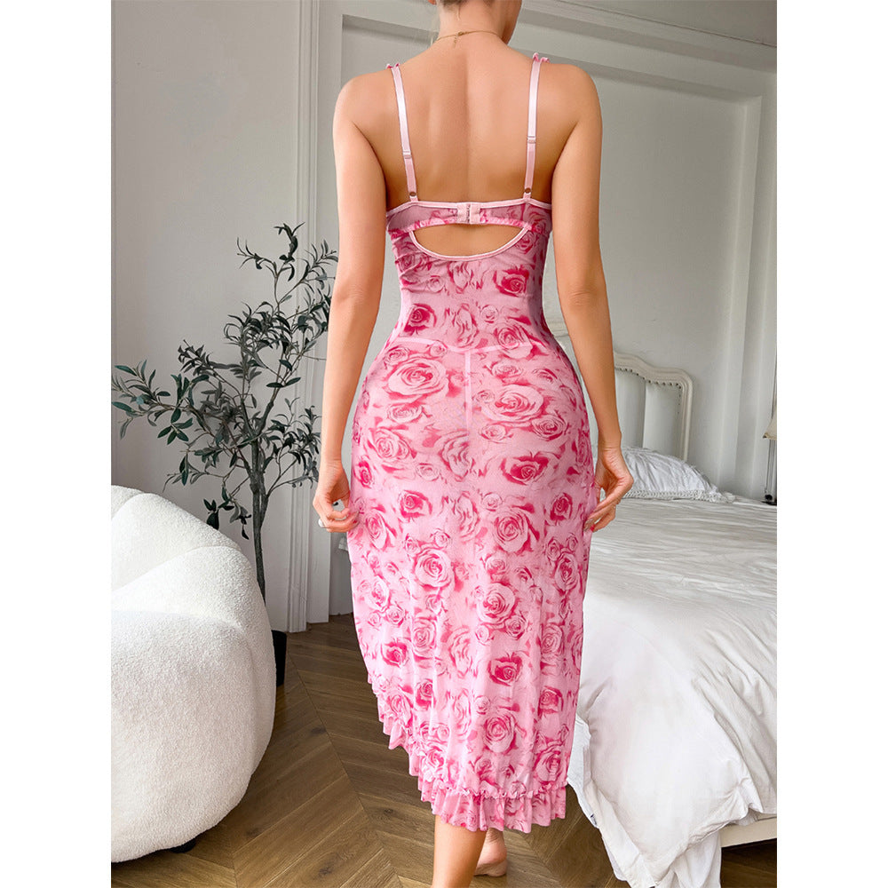 YJ Sexy Rose Print See-through Dress T Back Sexy Underwear Two-piece