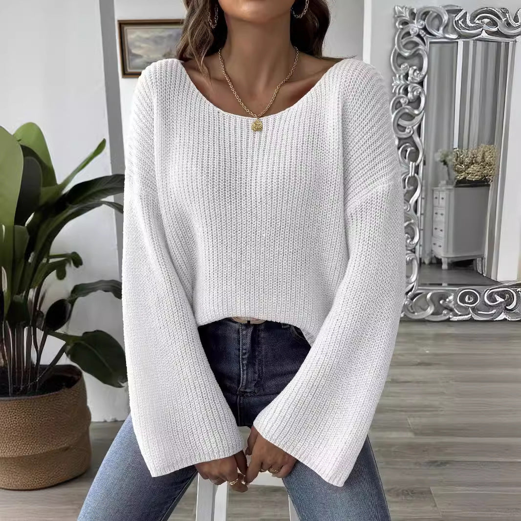 Women's Simple Loose Off Shoulder Off-the-shoulder Flared Sleeves Sweater