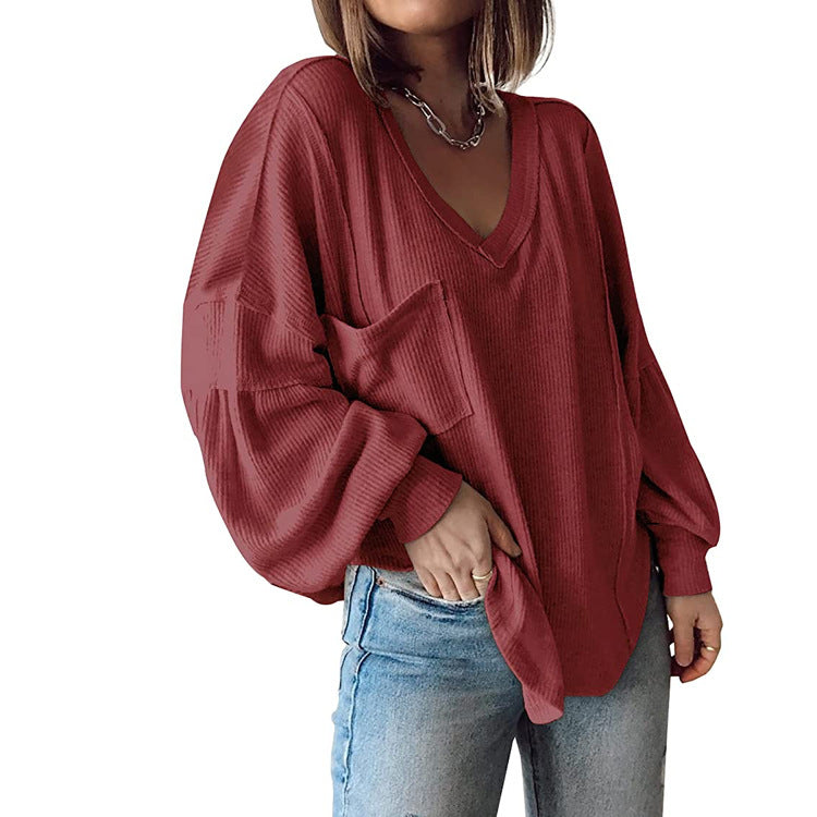 2025YJ Casual V-neck Pocket Lantern Sleeve Loose Knitted Pullover Shirt Women