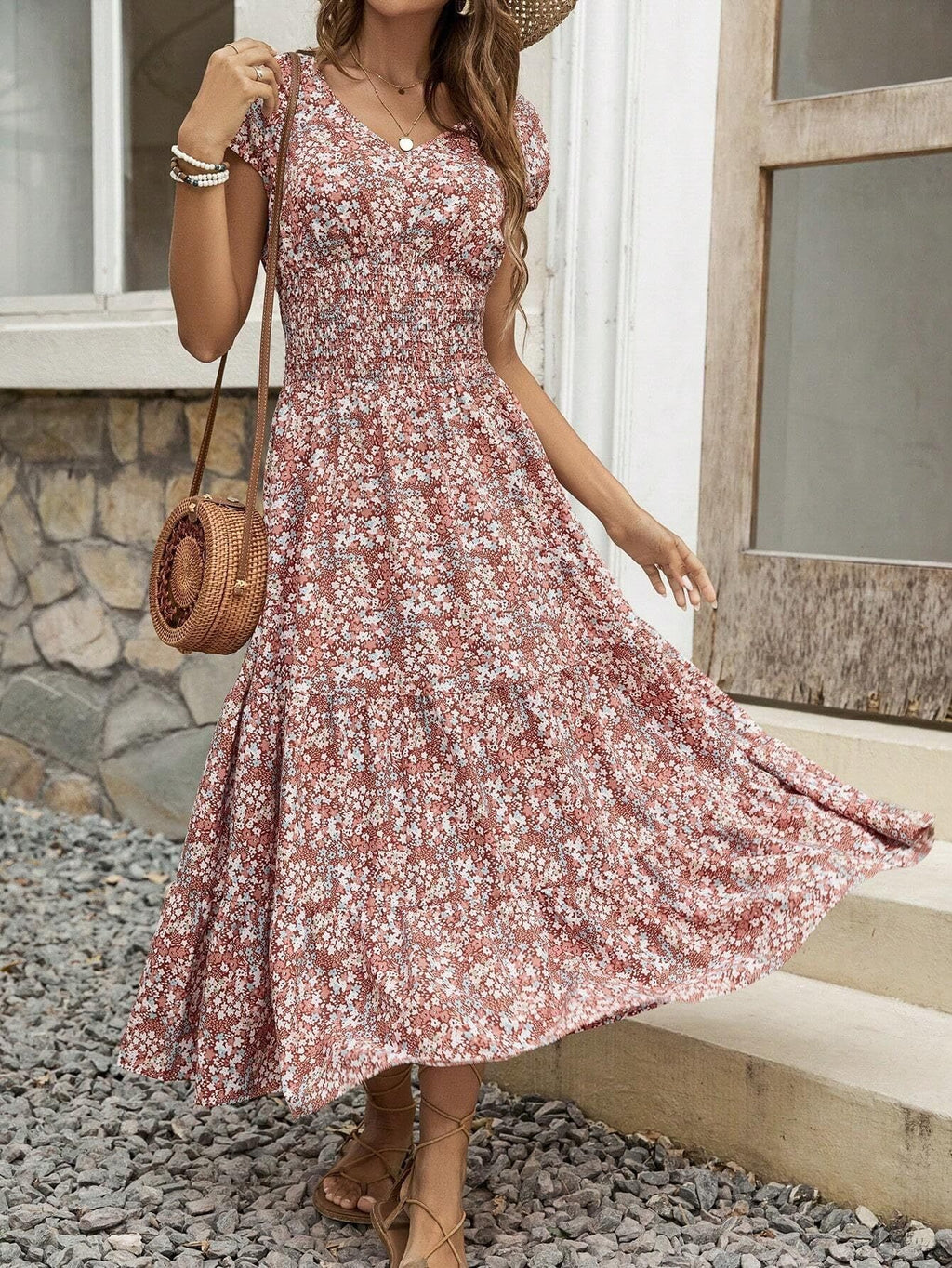 Blossom Chic V-Neck Floral Dress For Women