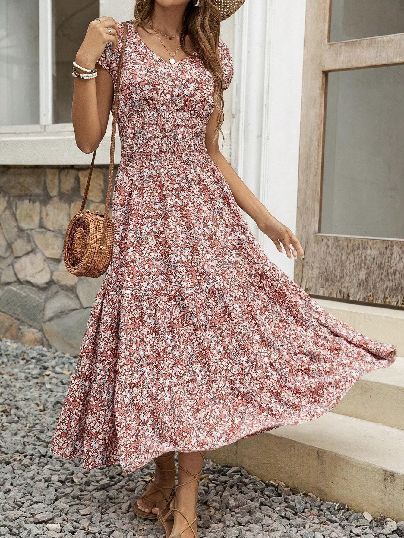 Blossom Chic V-Neck Floral Dress For Women