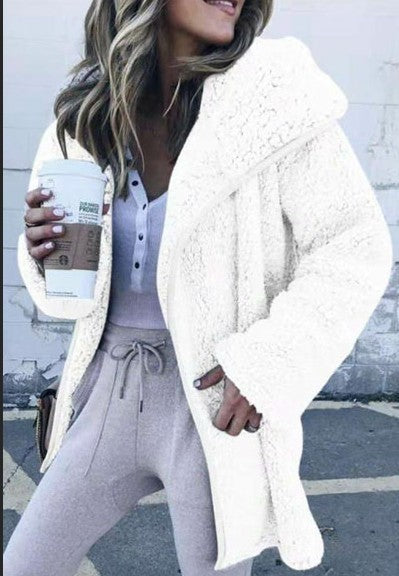 2025Coral fleece mid-length solid color coat