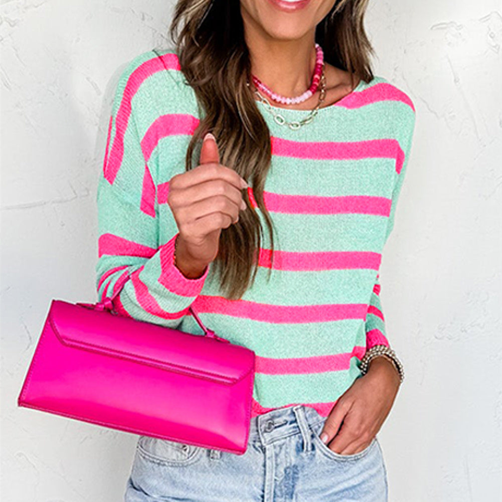 Women's Round Neck Striped Contrast Color Loose Versatile Pullover Top